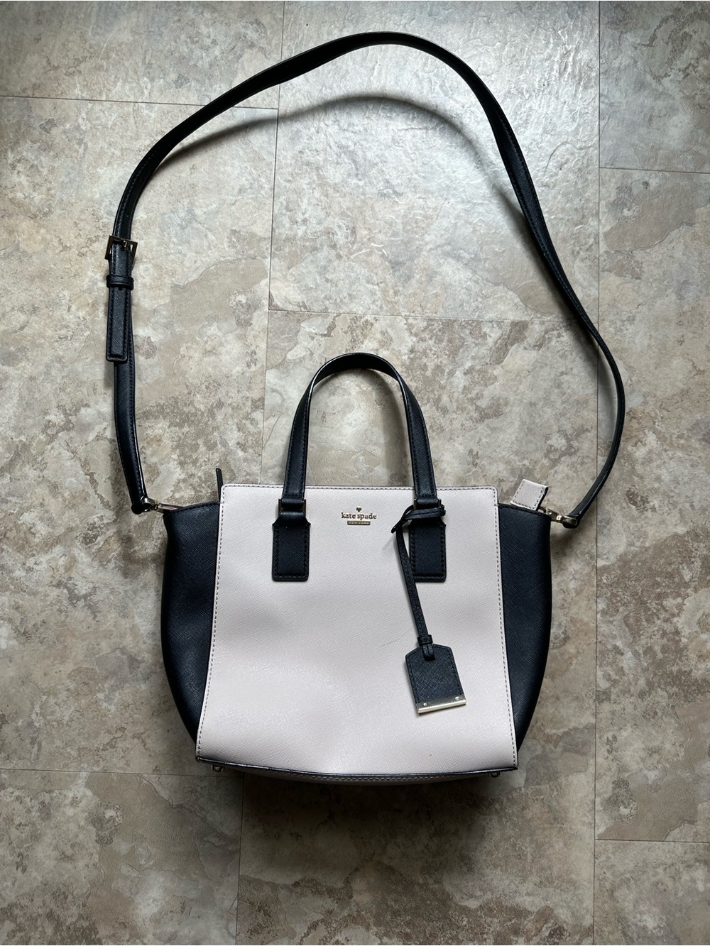 kate spade Black and Cream Leather Satchel with Removable Crossbody Strap